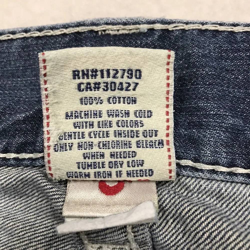 TRUE RELIGION Ricky Jean Men 34(36x28) Light Wash Whisker Distressed Flap Pocket